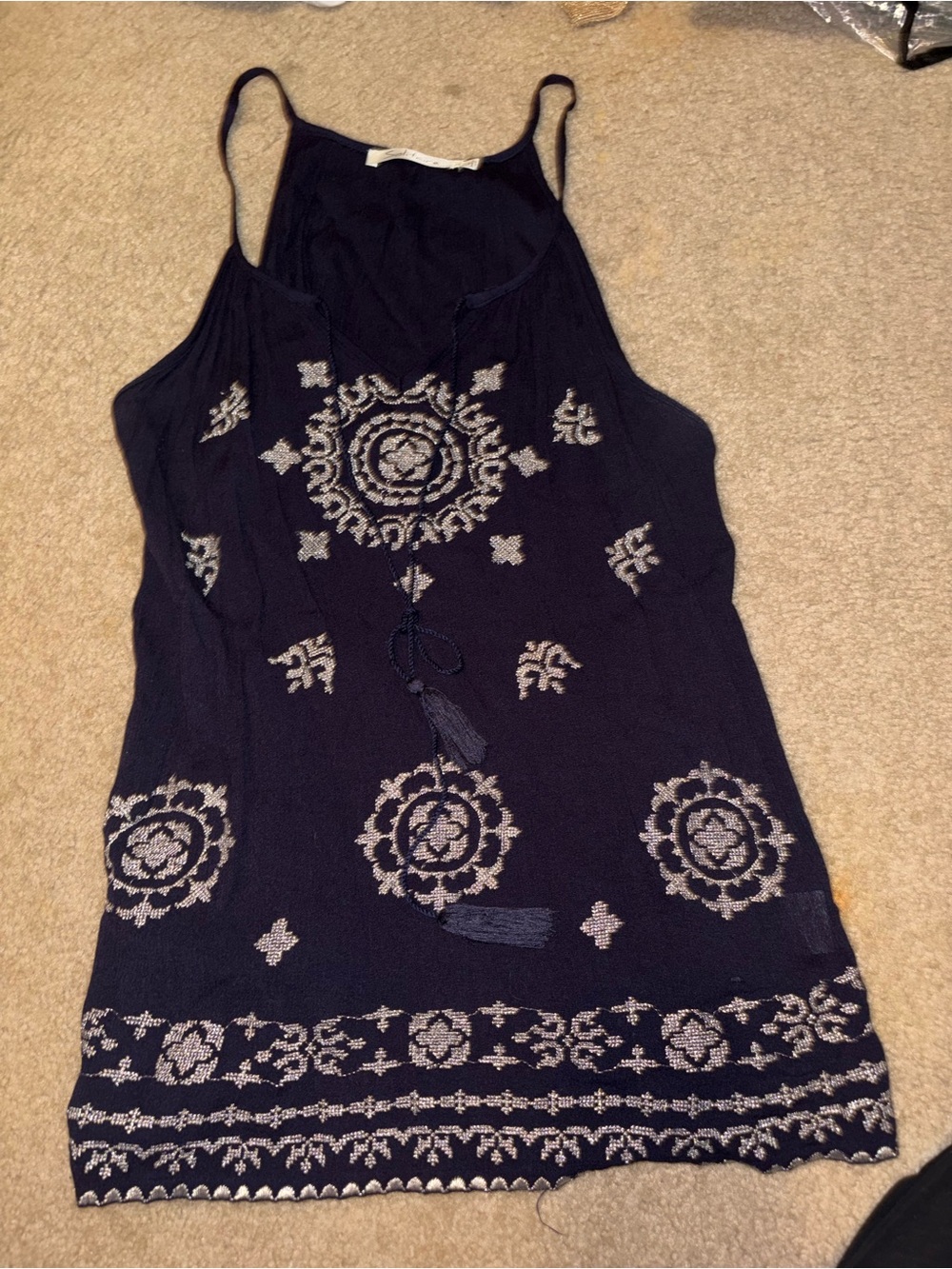 Solitaire women's racer back top W/ spaghetti straps in navy blue and white Sz L